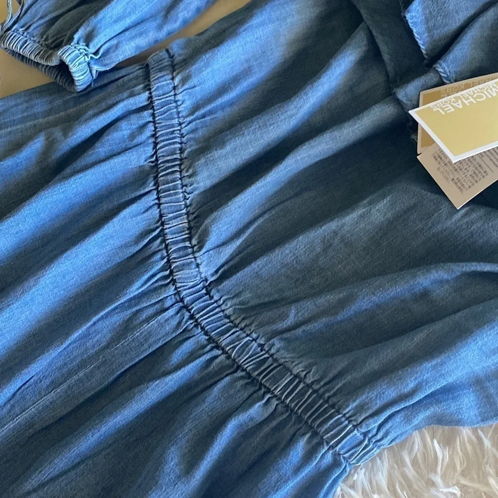 MICHAEL KORS Denim Chambray RUFFLE ON/OFF SHOULDER JUMPSUIT Small …Boho casual